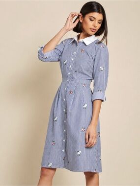 MODCLOTH Shirt Dress 2X Blue White Stripe Embroidered Floral Cotton Button Front